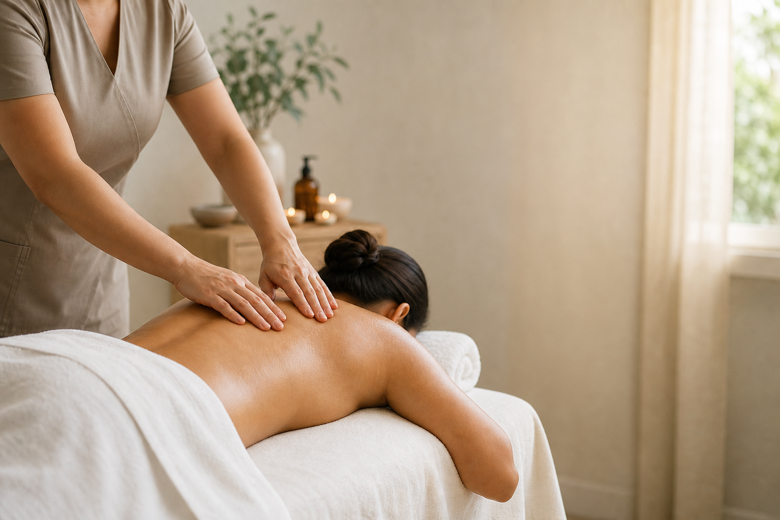 Massage therapist treating a client lying face-down on a massage table